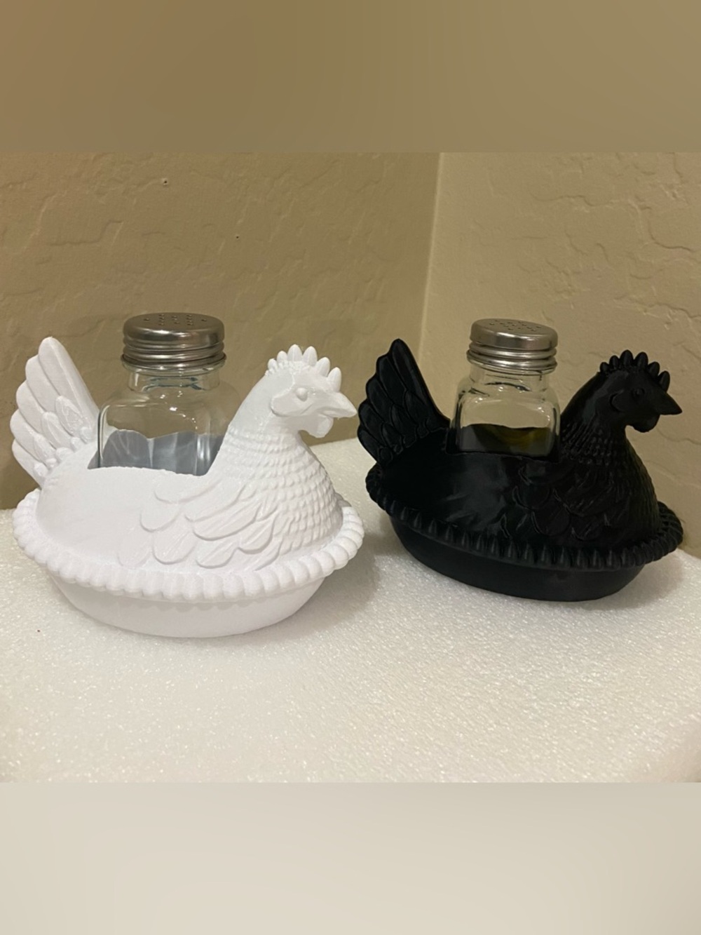 White and Black Hen Covered Dish Set - Hen on Nest Salt & Pepper Holders